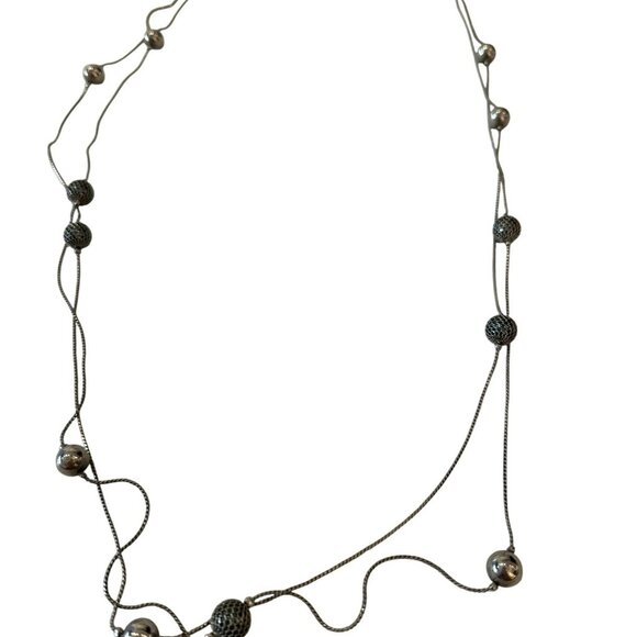 Silver Tone Beaded Chain Station Necklace Mixed Textured Spherical Accents - Picture 1 of 4